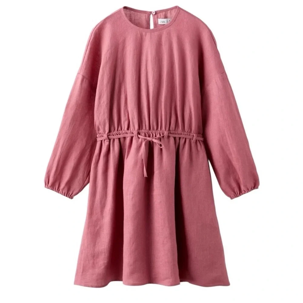 Zara Linen Mauve Tie Waist Back Cut Out Dress Girls 10 year